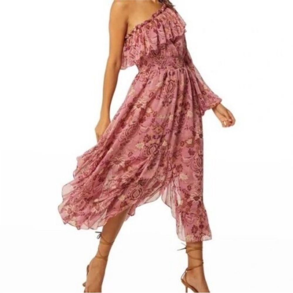 MISA Los Angeles Pink Floral Vola One Shoulder Ruffle Midi Dress - Size S